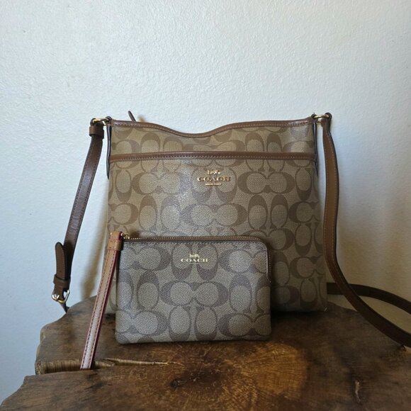 Signature Crossbody & Wristlet Set Brown Khaki Leather Trim - Picture 8 of 16